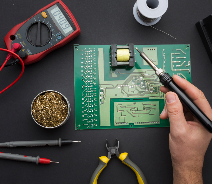 Main tenant un fer à souder sur une carte électronique avec multimètre