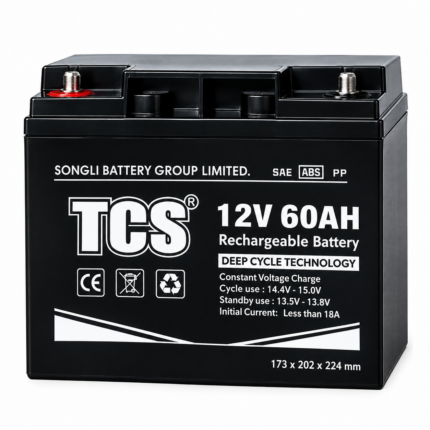 Batterie étanche plomb-acide noire 12V 60Ah avec deux bornes à vis sur le dessus, dimensions 173x202x224 mm.