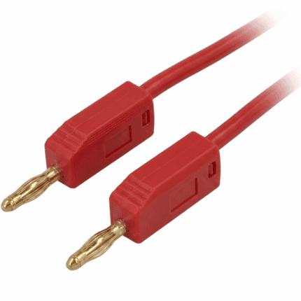 Cordon rouge 2mm avec fiches banane aux deux extrémités, idéal pour connexions électroniques courtes.