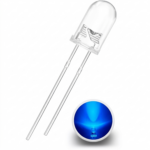 Led bleu 5mm haute luminosité avec deux broches métalliques, idéale pour projets électroniques.