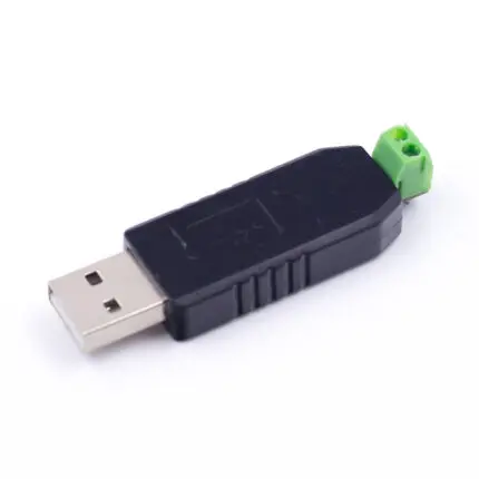 Adaptateur USB vers RS485 compact, connecteur USB d'un côté, bornier RS485 de l'autre, fond blanc.