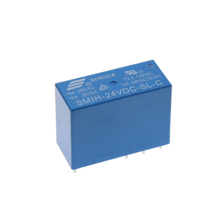 Relais bleu 6 broches, étiquette "SMIH-24VDC-SL-C", boîtier compact, idéal pour projets Arduino et IoT.