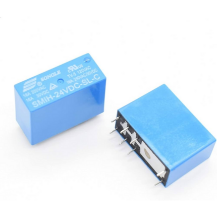 Relais bleu 8 broches, marqué "SMIH-24VDC-SL-C", avec boîtier rectangulaire et broches métalliques visibles.