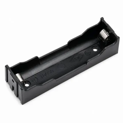 Support noir pour pile 18650 avec pin, sans couvercle, sur fond blanc.