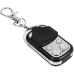Télécommande noire avec quatre boutons, antenne intégrée, design compact, pour ouverture de porte de voiture à distance.