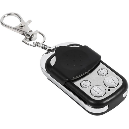 Télécommande noire avec quatre boutons, antenne intégrée, design compact, pour ouverture de porte de voiture à distance.