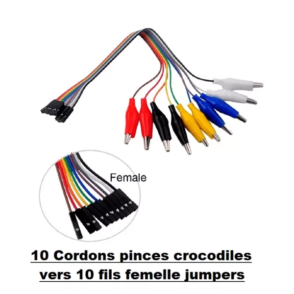 10 cordons de pinces crocodiles avec connecteur femelle 20cm