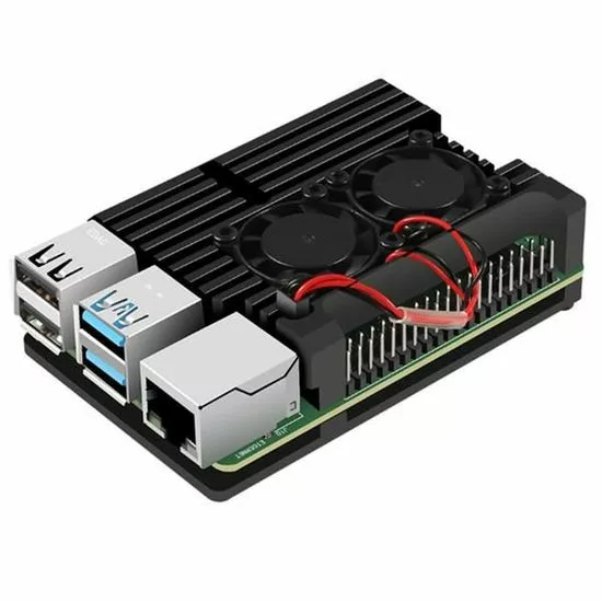 Second image of Support en ALU Noir avec double ventilateur pour Pi4