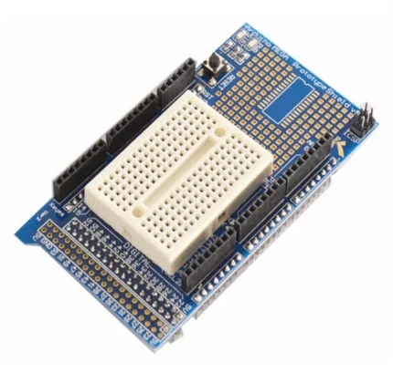 Shield Arduino bleu avec mini breadboard blanche intégrée