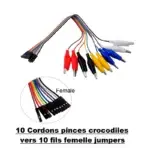 Lot de 10 cordons crocodiles 20 cm avec connecteur femelle pour tests électroniques