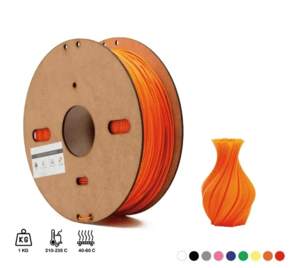 Bobine de filament PLA orange avec un vase imprimé en 3D