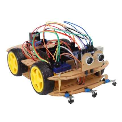 Voiture robotique en bois avec capteurs et câblage coloré