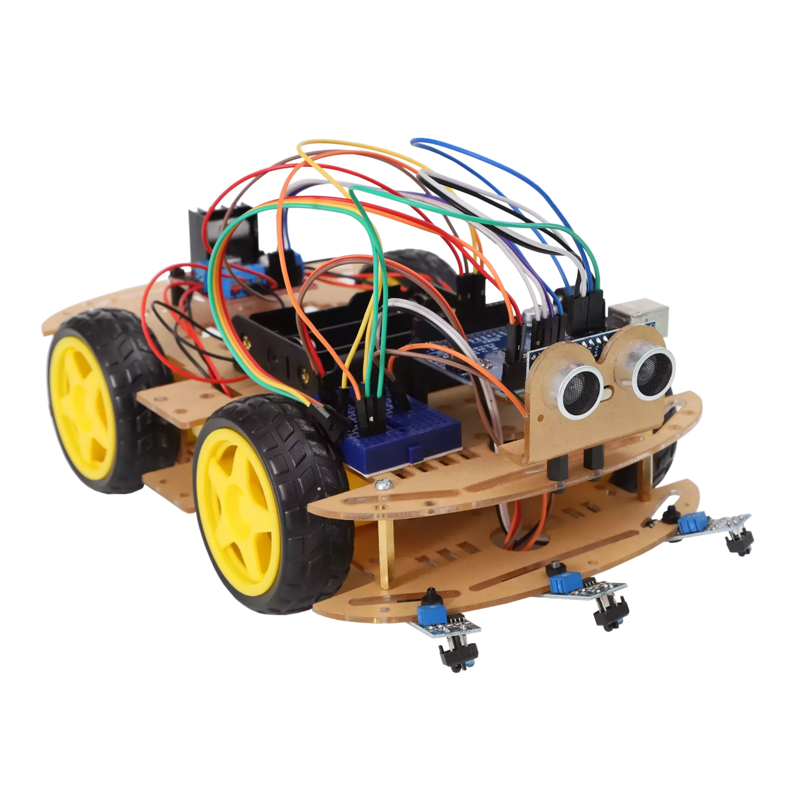 Voiture robotique en bois avec capteurs et câblage coloré