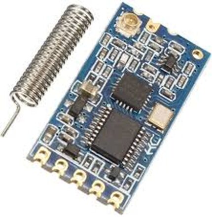 Module électronique bleu avec antenne spirale argentée