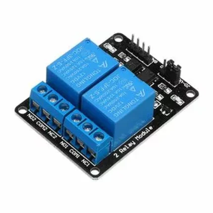 Module relais 2 canaux avec connecteurs bleus et broches noires