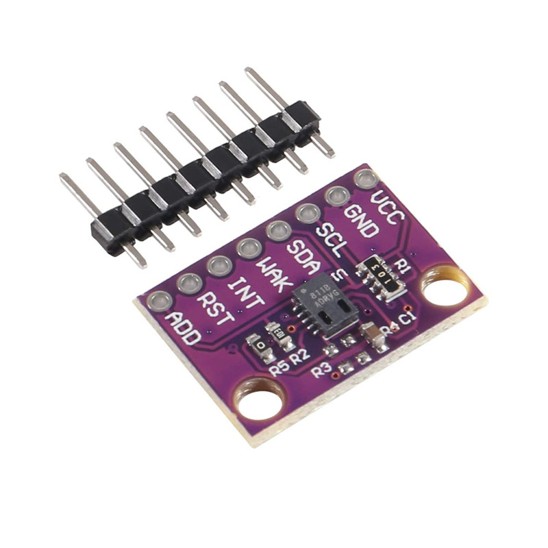 Module électronique violet avec broches et puce centrale