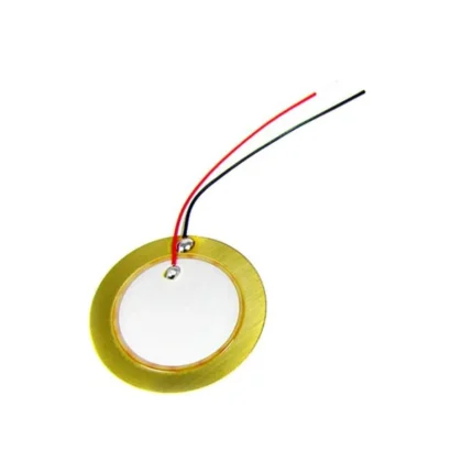 Buzzer piezo circulaire 27mm avec câble rouge et noir, idéal pour projets Arduino et IoT.