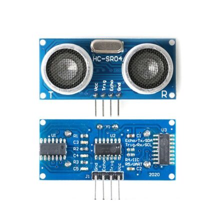 Module HC-SR04 bleu avec deux cylindres argentés à ultrasons et quatre broches de connexion pour Arduino.