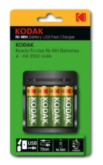 Chargeur USB rapide Kodak Ni-MH avec 4 piles rechargeables AA 2100mAh incluses