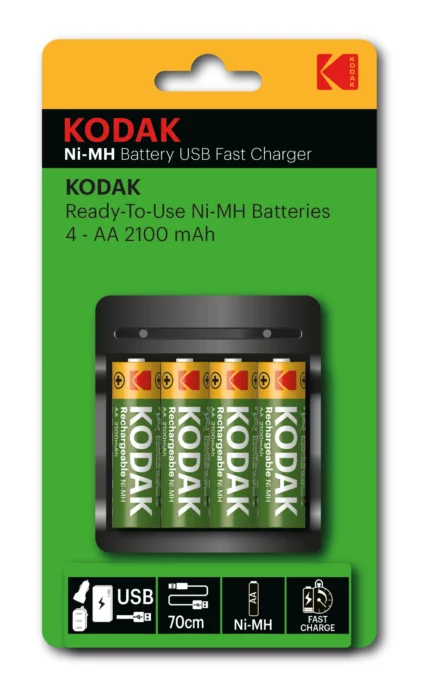 Chargeur USB rapide Kodak Ni-MH avec 4 piles rechargeables AA 2100mAh incluses