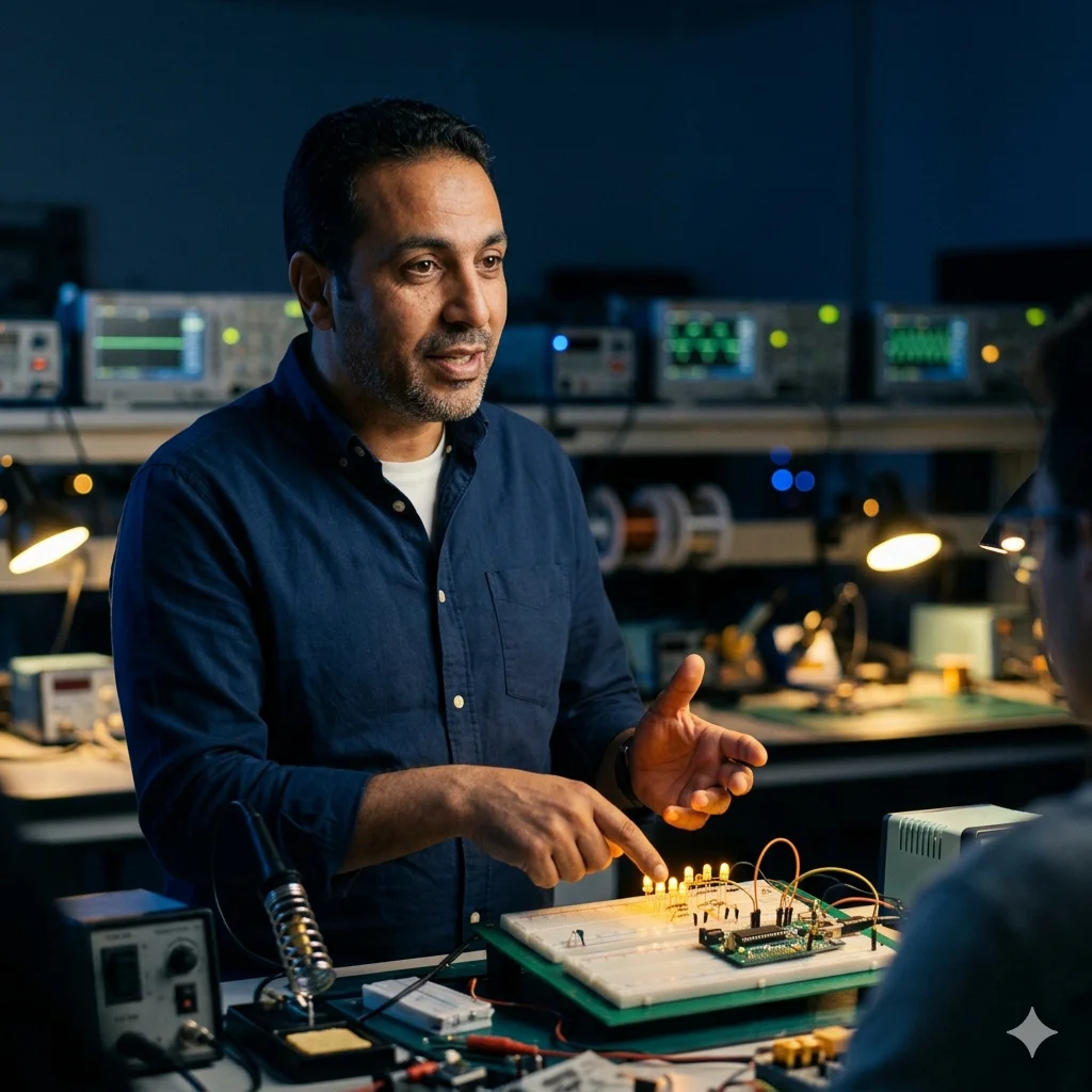 Enseignant dans un laboratoire d'électronique avec breadboard, oscilloscope et composants
