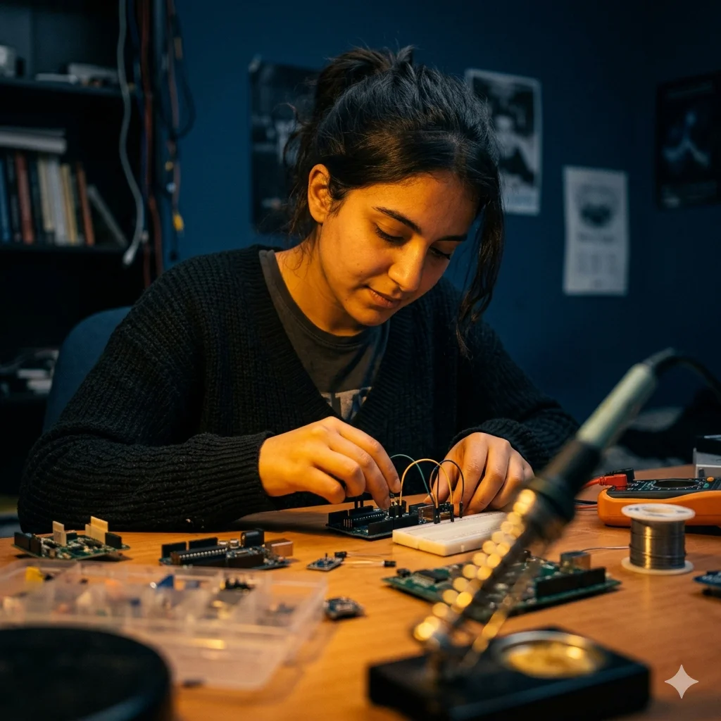 Étudiant tunisien travaillant sur un projet Arduino avec composants électroniques dans un laboratoire