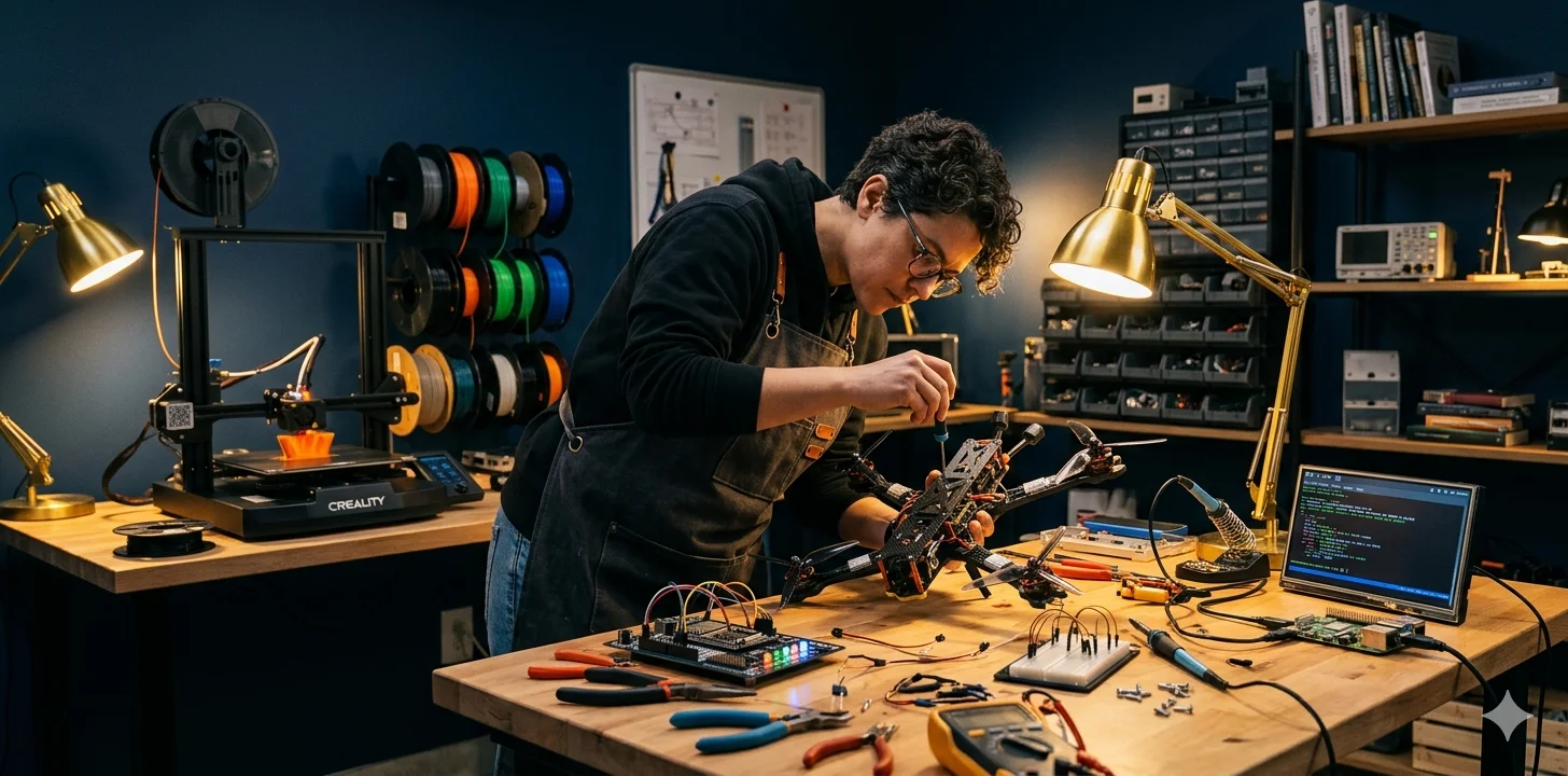 Atelier maker avec imprimante 3D, ESP32 et prototype en cours de développement