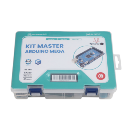 Kit Arduino Mega avec microcontrôleur, nombreuses broches, connectivité USB, idéal pour projets éducatifs et robotiques.