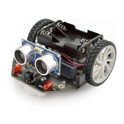 Robot Maqueen compact sans carte microbit, châssis noir, roues blanches, ports pour capteurs et connectivité flexible.