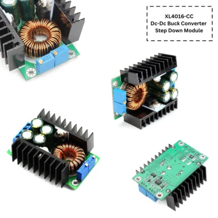 Module convertisseur abaisseur XL4016 300W avec circuit imprimé rouge, large radiateur en aluminium et potentiomètre réglable