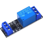 Module relais 5V avec optocoupleur, boîtier bleu, bornes de connexion, compatible microcontrôleurs.