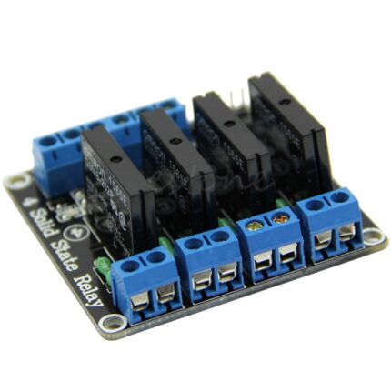 Module relais OMRON 4CH avec fusible, 4 canaux, boîtier bleu, bornes à vis, étiquette 5V SSR 250V/2A.