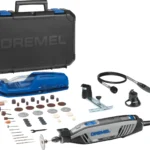 Kit Dremel 4300 complet avec mallette de transport noire, boite bleue d'accessoires de poncage, arbre flexible, guide de poncage et outil multifonction avec cordon