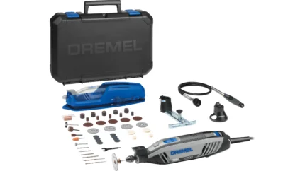 Kit Dremel 4300 complet avec mallette de transport noire, boite bleue d'accessoires de poncage, arbre flexible, guide de poncage et outil multifonction avec cordon
